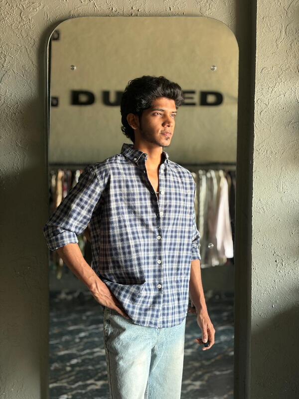 Ocean blue & stone grey check shirt