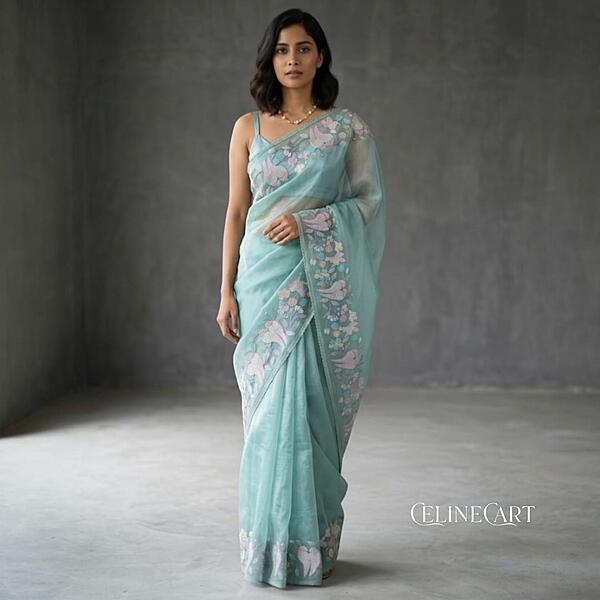 Ethereal Seafoam Blue Tissue Organza Saree with Pastel Bird & Floral Embroidery