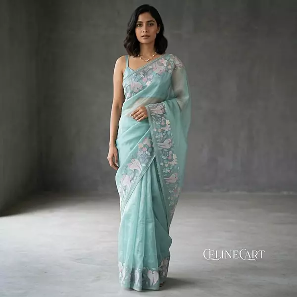 Ethereal Seafoam Blue Tissue Organza Saree with Pastel Bird & Floral Embroidery