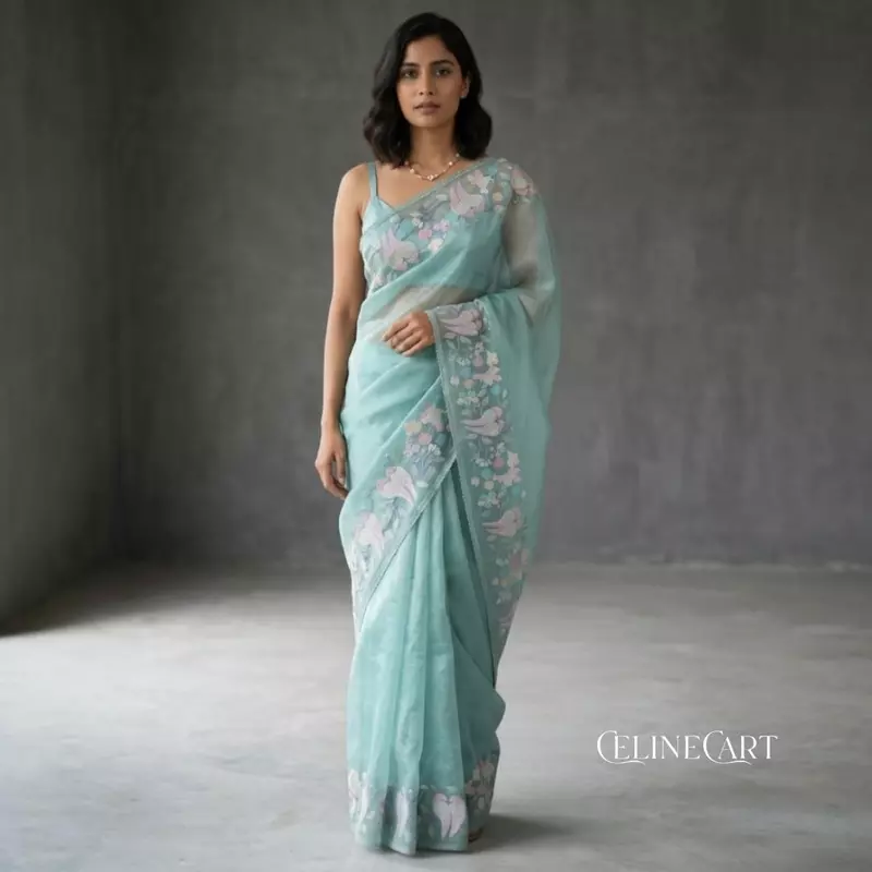 Ethereal Seafoam Blue Tissue Organza Saree with Pastel Bird & Floral Embroidery