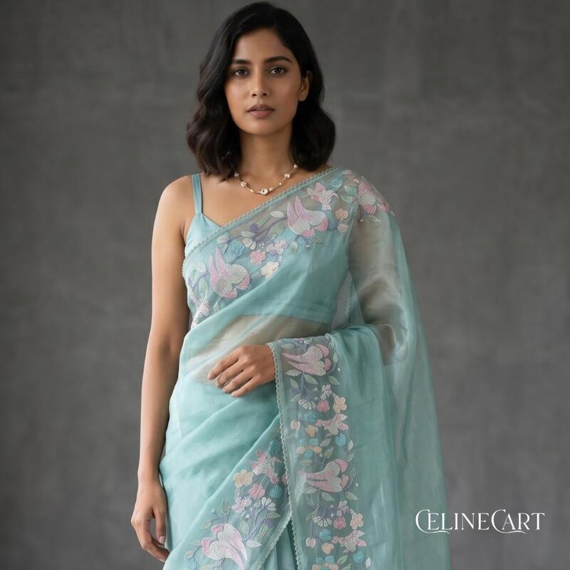 Ethereal Seafoam Blue Tissue Organza Saree with Pastel Bird & Floral Embroidery