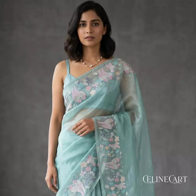 Ethereal Seafoam Blue Tissue Organza Saree with Pastel Bird & Floral Embroidery