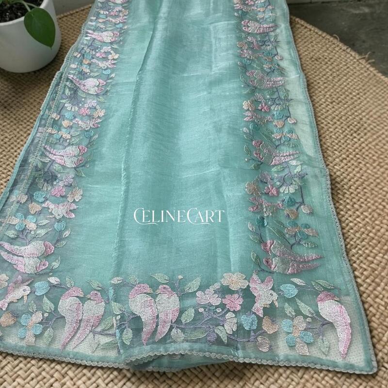 Ethereal Seafoam Blue Tissue Organza Saree with Pastel Bird & Floral Embroidery