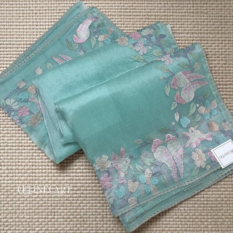 Ethereal Seafoam Blue Tissue Organza Saree with Pastel Bird & Floral Embroidery