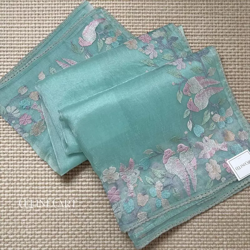 Ethereal Seafoam Blue Tissue Organza Saree with Pastel Bird & Floral Embroidery