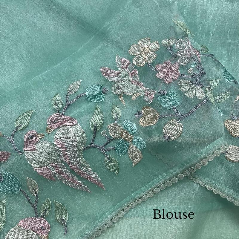 Ethereal Seafoam Blue Tissue Organza Saree with Pastel Bird & Floral Embroidery