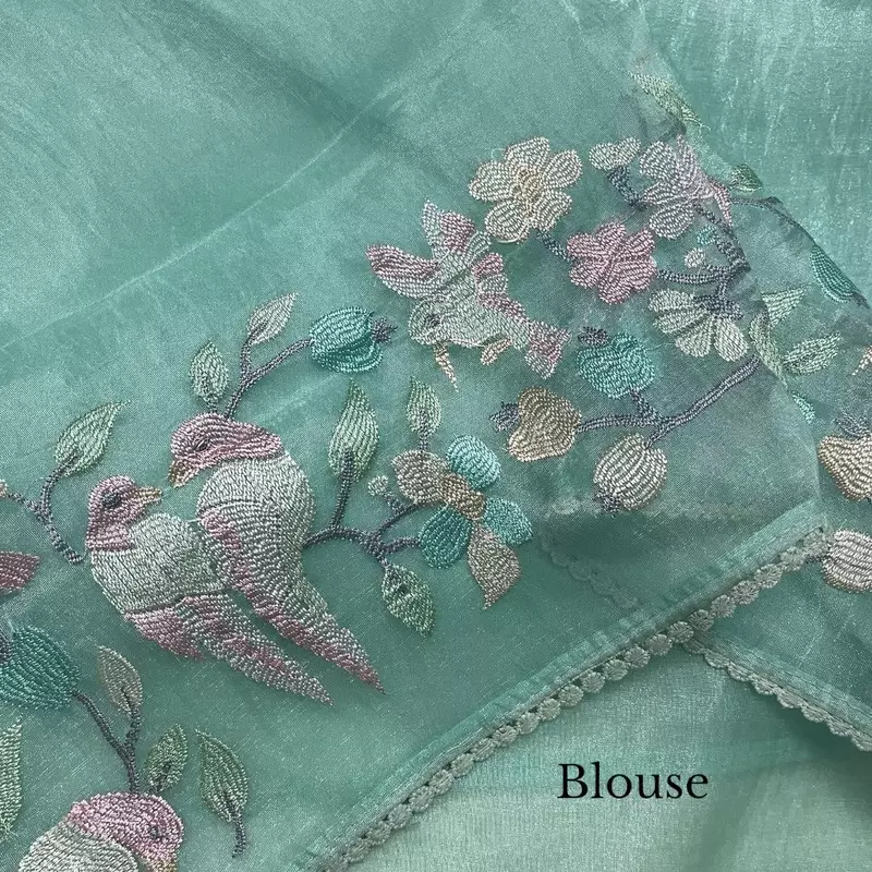 Ethereal Seafoam Blue Tissue Organza Saree with Pastel Bird & Floral Embroidery