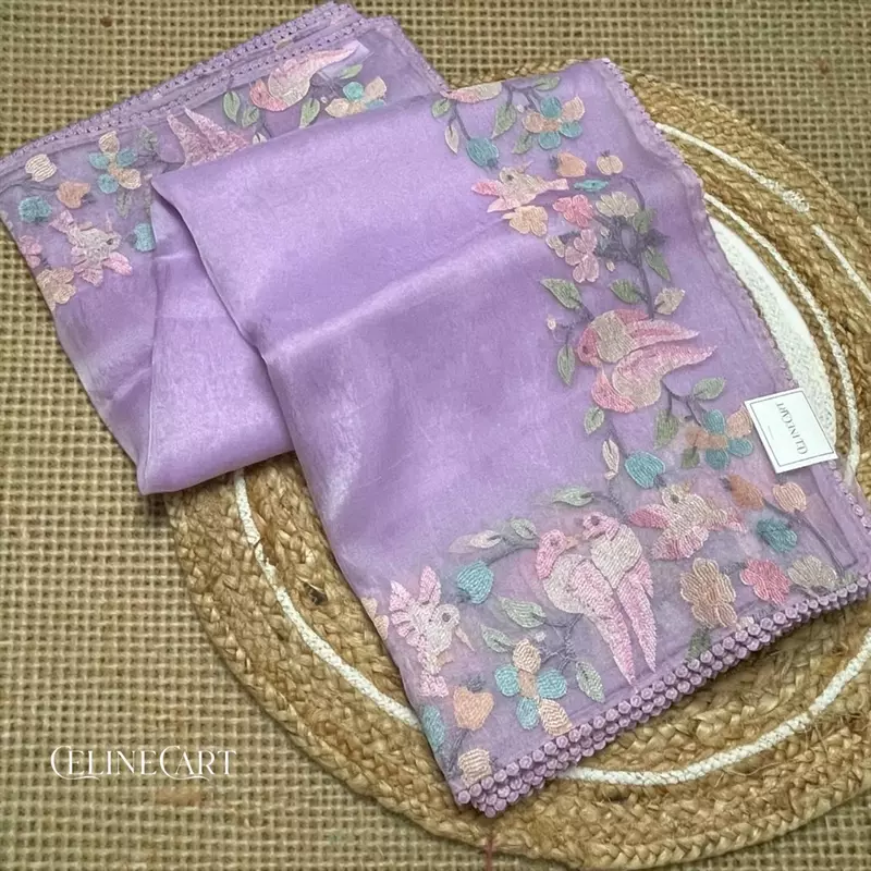 Lavender Mist Hand-Embroidered Tissue Organza Saree with Pastel Bird Motifs