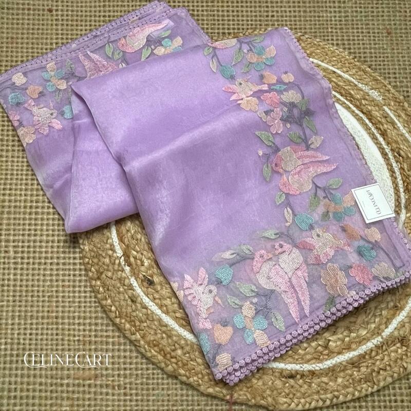 Lavender Mist Hand-Embroidered Tissue Organza Saree with Pastel Bird Motifs