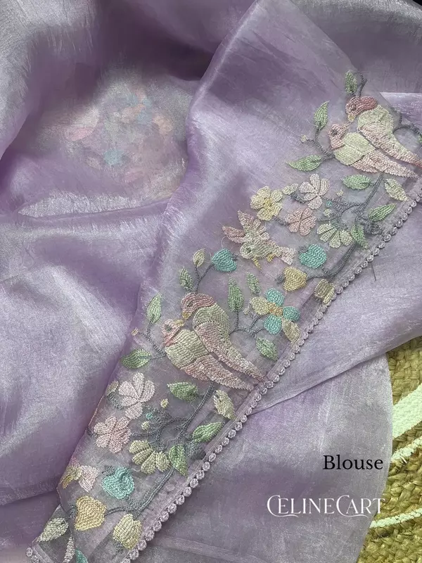 Lavender Mist Hand-Embroidered Tissue Organza Saree with Pastel Bird Motifs