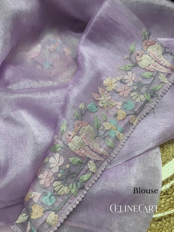 Lavender Mist Hand-Embroidered Tissue Organza Saree with Pastel Bird Motifs
