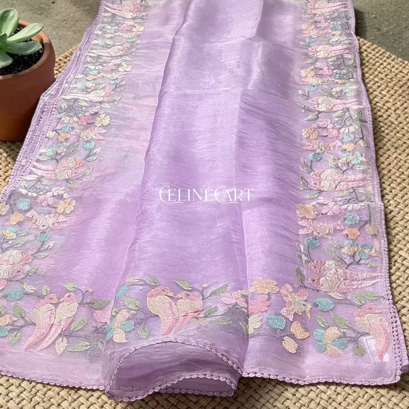 Lavender Mist Hand-Embroidered Tissue Organza Saree with Pastel Bird Motifs