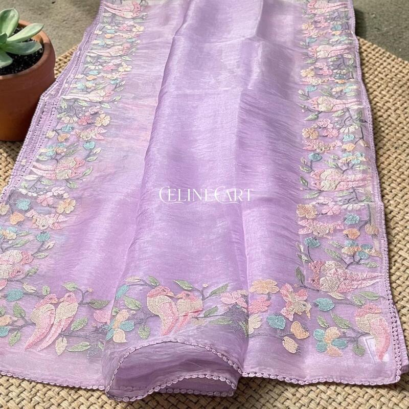 Lavender Mist Hand-Embroidered Tissue Organza Saree with Pastel Bird Motifs