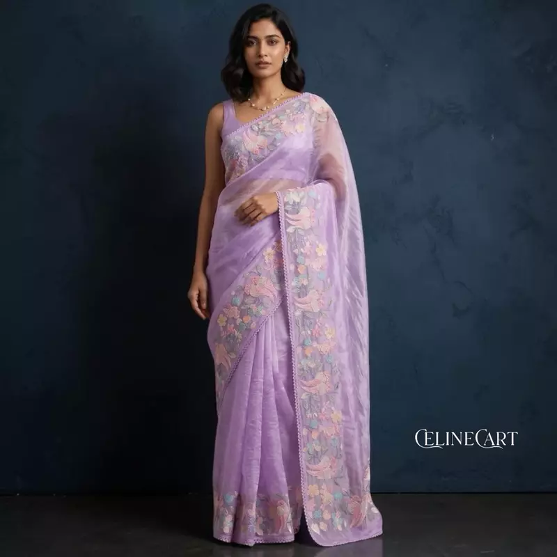 Lavender Mist Hand-Embroidered Tissue Organza Saree with Pastel Bird Motifs