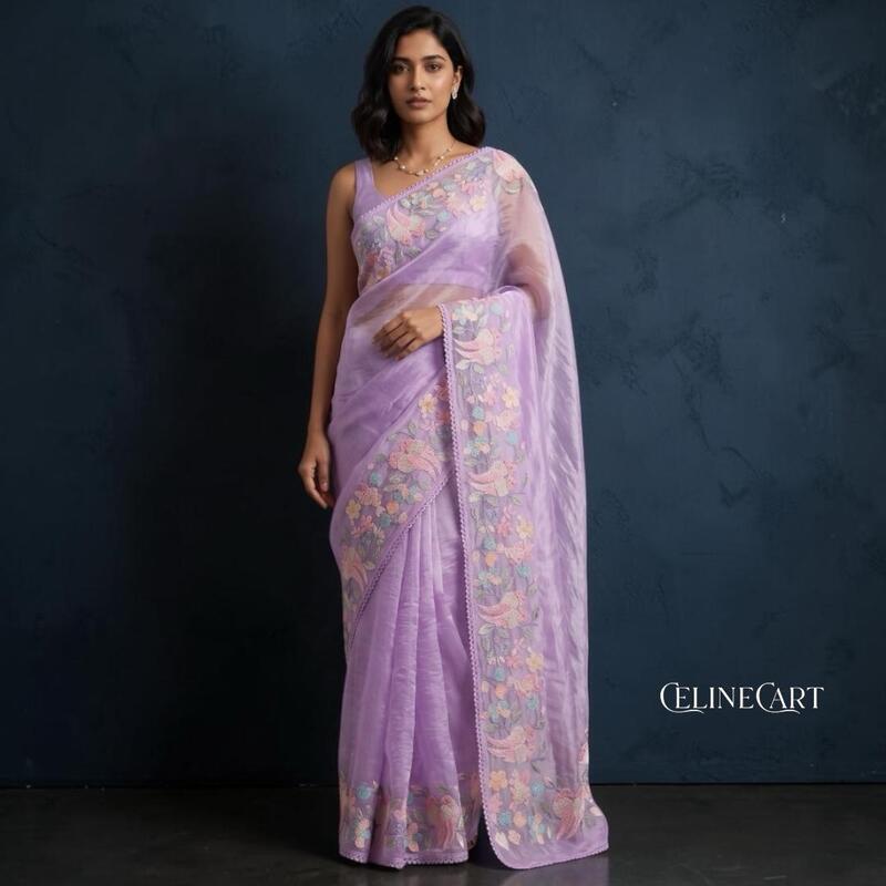 Lavender Mist Hand-Embroidered Tissue Organza Saree with Pastel Bird Motifs