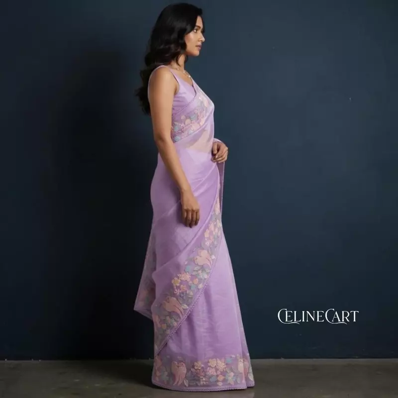 Lavender Mist Hand-Embroidered Tissue Organza Saree with Pastel Bird Motifs