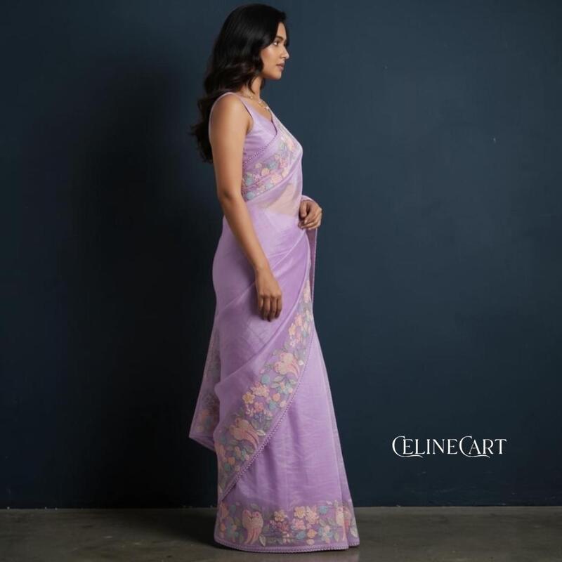 Lavender Mist Hand-Embroidered Tissue Organza Saree with Pastel Bird Motifs