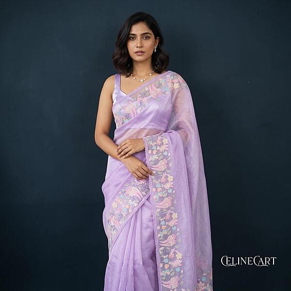 Lavender Mist Hand-Embroidered Tissue Organza Saree with Pastel Bird Motifs
