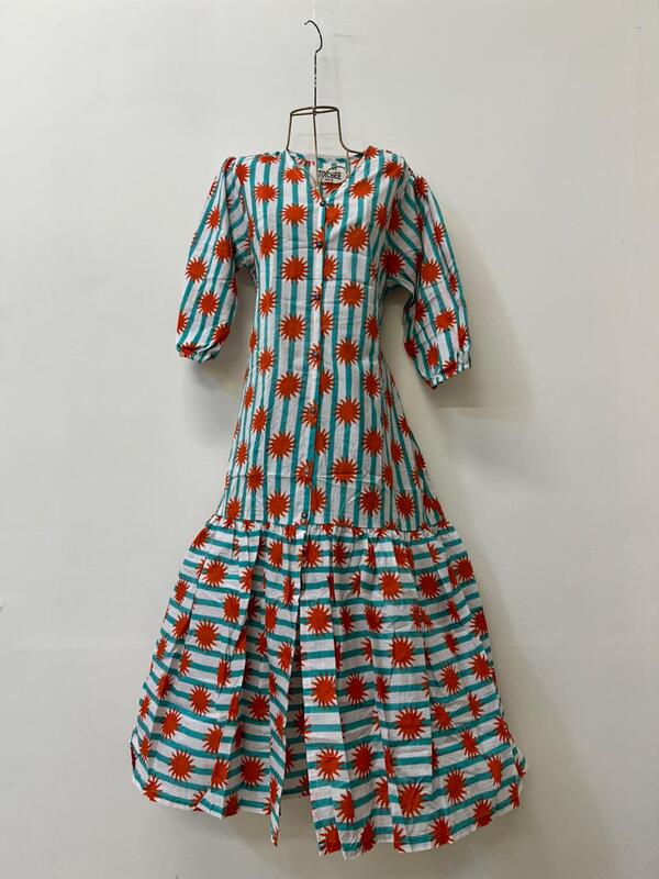 Tara's Belted Frill Long Dress - Orange Stripes With Blue Suns