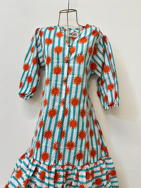 Tara's Belted Frill Long Dress - Orange Stripes With Blue Suns