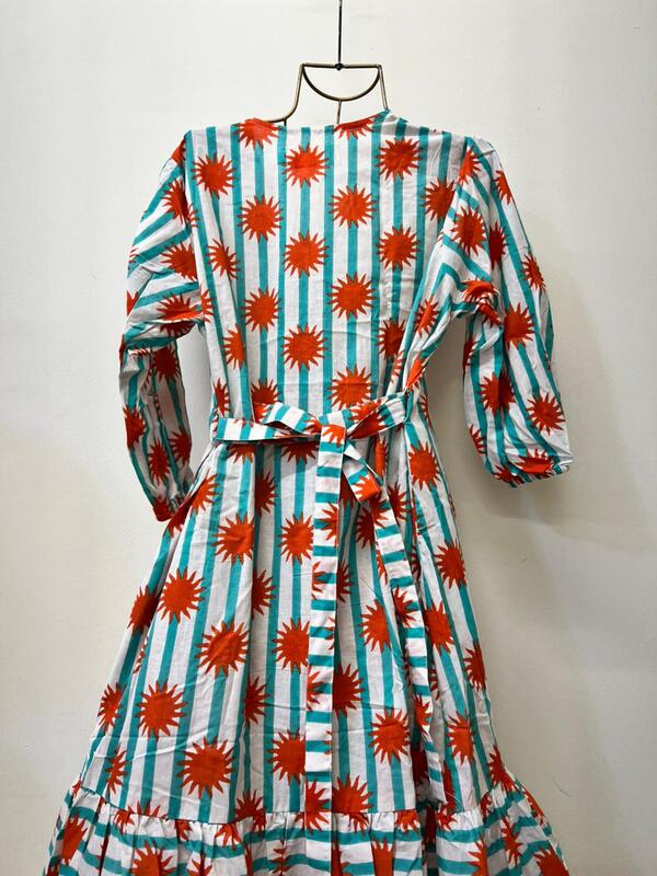Tara's Belted Frill Long Dress - Orange Stripes With Blue Suns