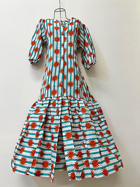 Tara's Belted Frill Long Dress - Orange Stripes With Blue Suns