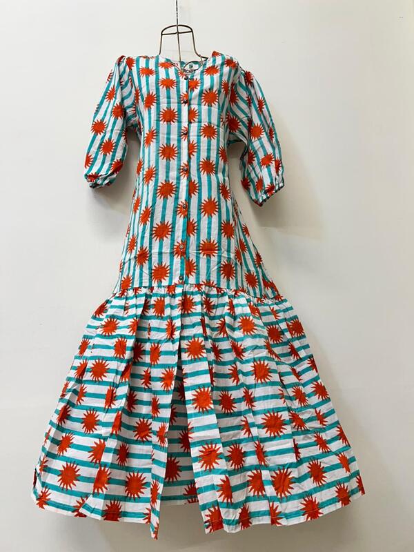 Tara's Belted Frill Long Dress - Orange Stripes With Blue Suns
