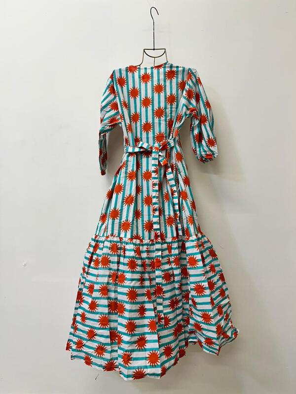 Tara's Belted Frill Long Dress - Orange Stripes With Blue Suns