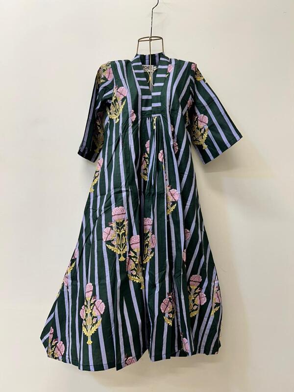 Amara's Everyday Flare Dress - Turquoise Stripes with Flowers