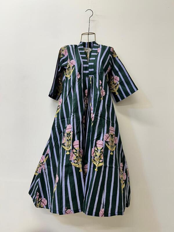 Amara's Everyday Flare Dress - Turquoise Stripes with Flowers