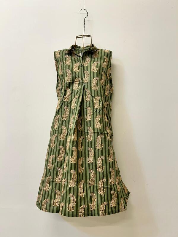 Kashish's Sleeve-less Collared Dress - Sap Green Stripes & Cheetahs