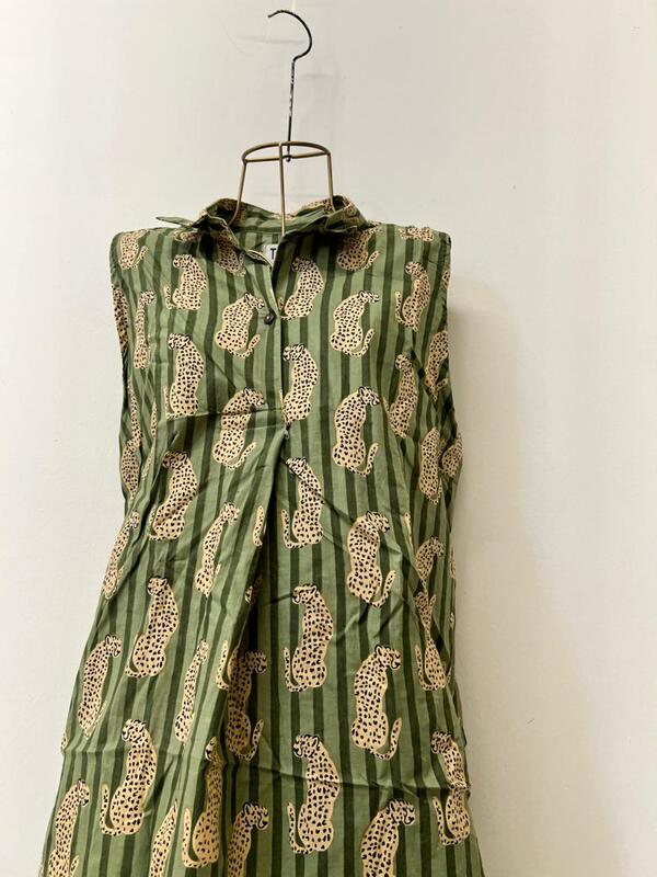 Kashish's Sleeve-less Collared Dress - Sap Green Stripes & Cheetahs