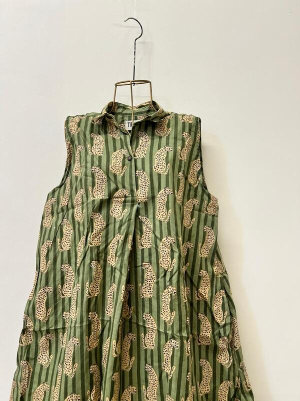 Kashish's Sleeve-less Collared Dress - Sap Green Stripes & Cheetahs