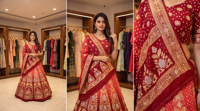 Kala Sanskruti Peach & Maroon Colour Dupion Silk Bandhani Chaniyacholi 3.75M - Elegant Traditional Wear Dupion Chaniyacholi's for Women