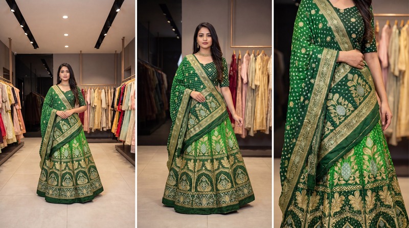 Kala Sanskruti Gerry Green & Perrot Green Colour Dupion Silk Bandhani Chaniyacholi 3.75M - Elegant Traditional Wear Dupion Chaniyacholi's for Women