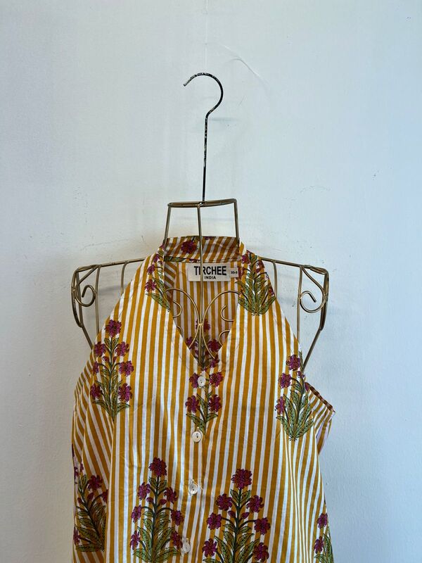 Cyra's Racer Back Dress -  Yellow & White Stripes with Flowers