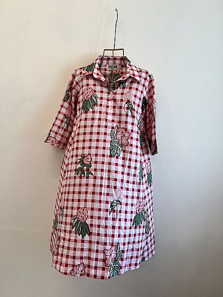 Ishida's Side-Panel Collared Dress - Pink & White Gingham with Flowers