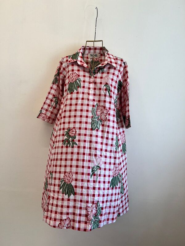 Ishida's Side-Panel Collared Dress - Pink & White Gingham with Flowers
