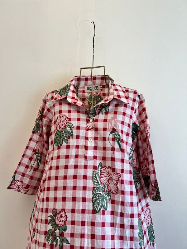 Ishida's Side-Panel Collared Dress - Pink & White Gingham with Flowers