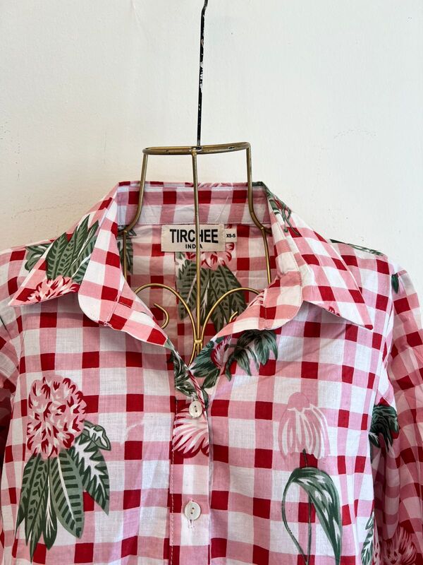 Ishida's Side-Panel Collared Dress - Pink & White Gingham with Flowers