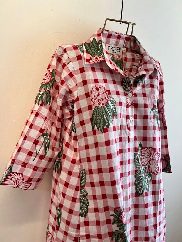 Ishida's Side-Panel Collared Dress - Pink & White Gingham with Flowers