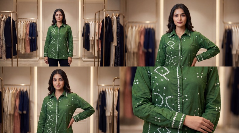 Kala Sanskruti All Over Pista Color Cotton Bandhani Women’s Redy Shirt (M) Elegant Traditional Cotton Redy Bandhani Shirt For Women