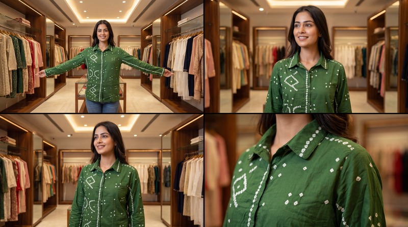 Kala Sanskruti All Over Pista Color Cotton Bandhani Women’s Redy Shirt (L) Elegant Traditional Cotton Redy Bandhani Shirt For Women