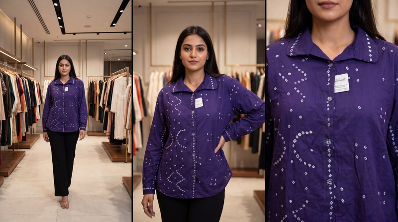 Kala Sanskruti All Over Purple Color Cotton Bandhani Women’s Redy Shirt (L) Elegant Traditional Cotton Redy Bandhani Shirt For Women