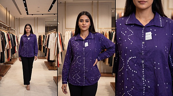 Kala Sanskruti All Over Purple Color Cotton Bandhani Women’s Redy Shirt (M) Elegant Traditional Cotton Redy Bandhani Shirt For Women