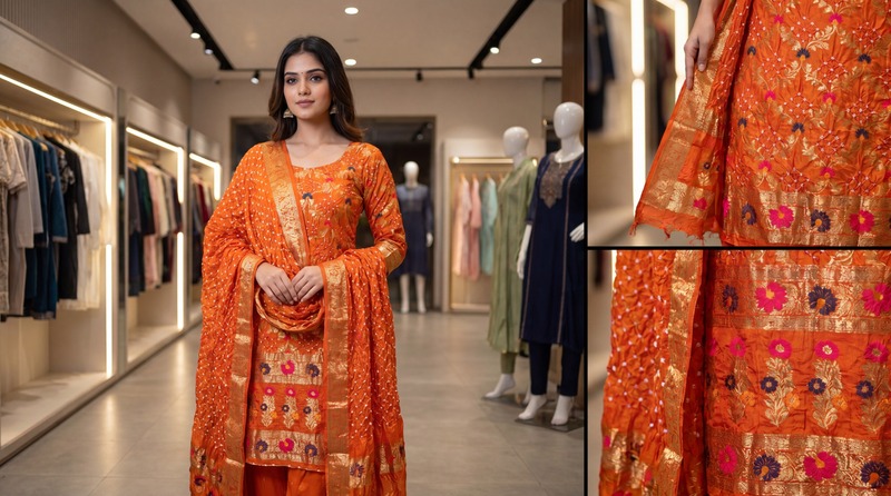 Kala Sanskruti Light Dark Orange Color Art Silk Bandhani Dress 2.5 M Each Piece Elegant Traditional Wear Art Silk Dress for Women