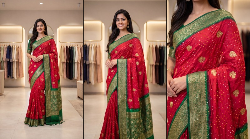 Kala Sanskruti Green Red Color Pure Silk Bandhani Saree 6.5M with Blouse Piece Elegant Traditional Wear Unique Saree for Women