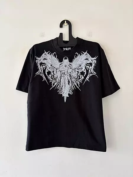 Black mythic wing oversized tee