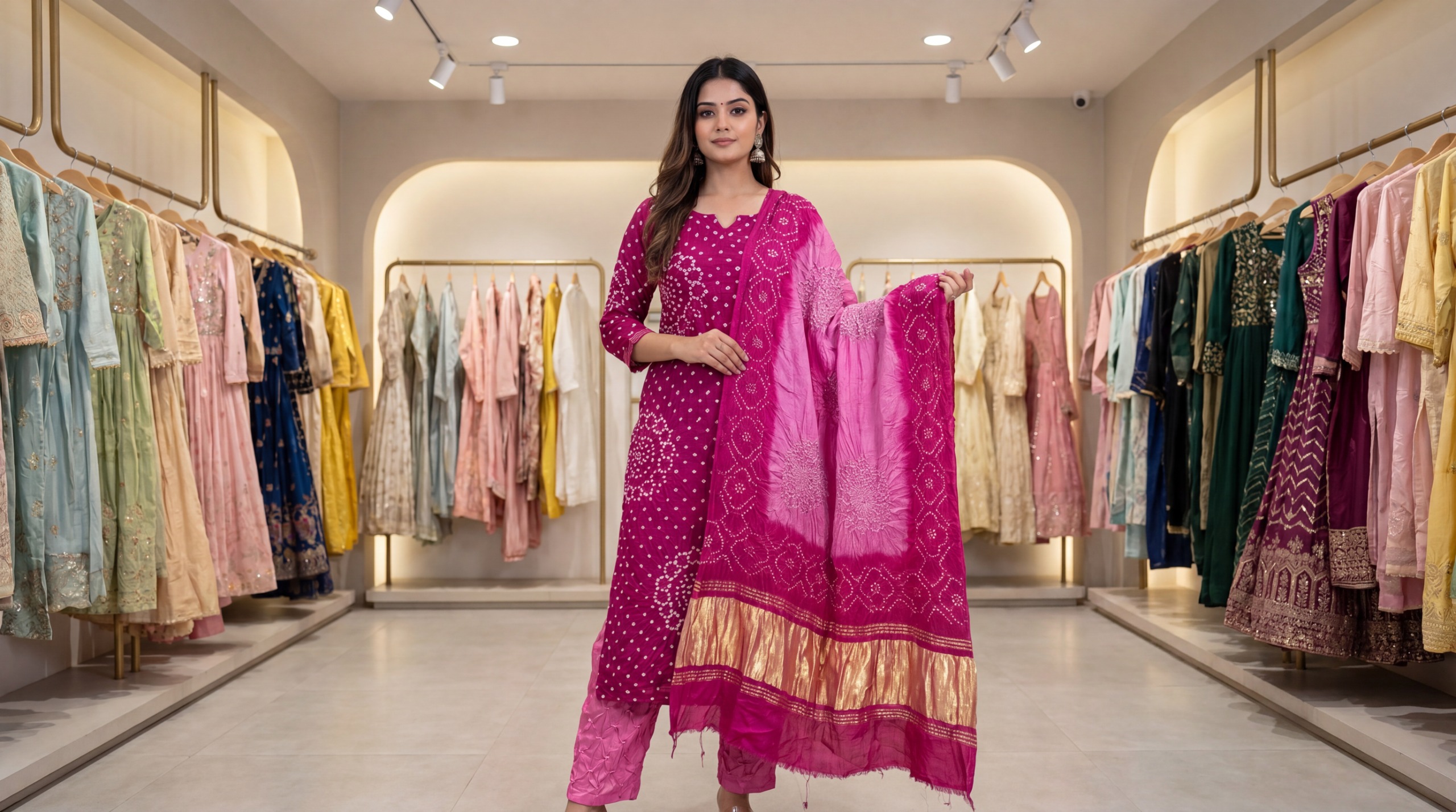 Kala Sanskruti Light Dark Pink Color Art Silk Bandhani Dress 2.5 M Each Piece Elegant Traditional Wear Art Silk Dress for Women