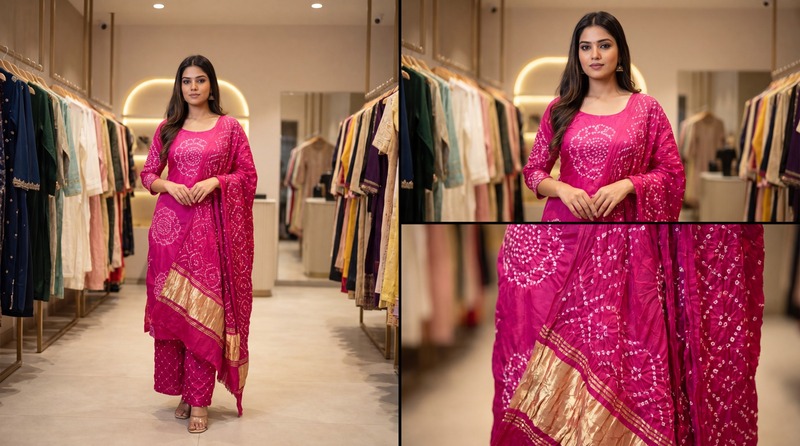 Kala Sanskruti Light Dark Pink Color Art Silk Bandhani Dress 2.5 M Each Piece Elegant Traditional Wear Art Silk Dress for Women